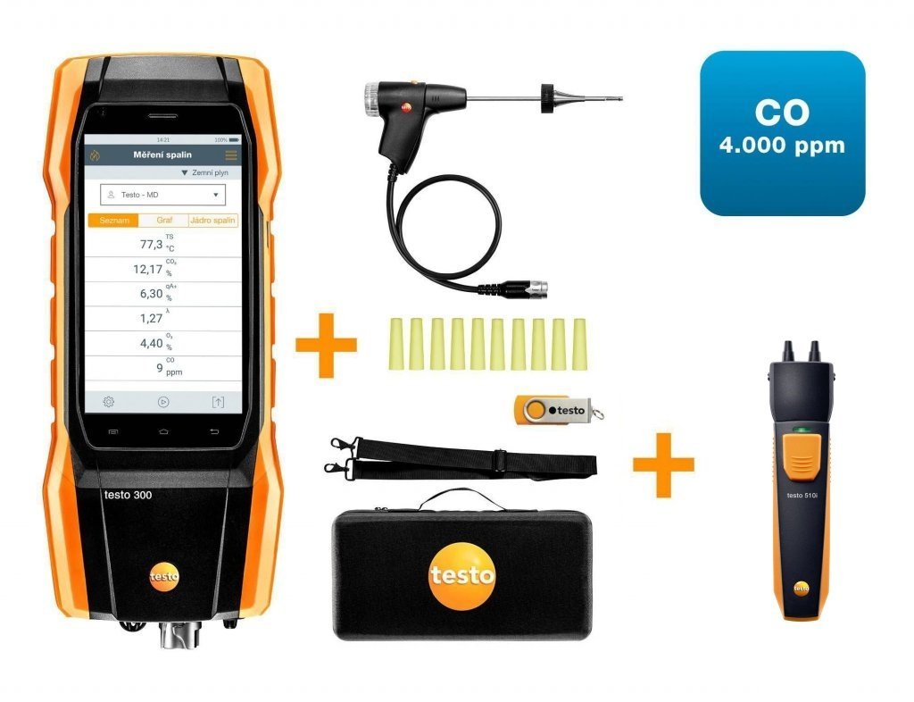 Testo 300 analyzátor spalín sada 1 (O2, CO až do 4,000 ppm)