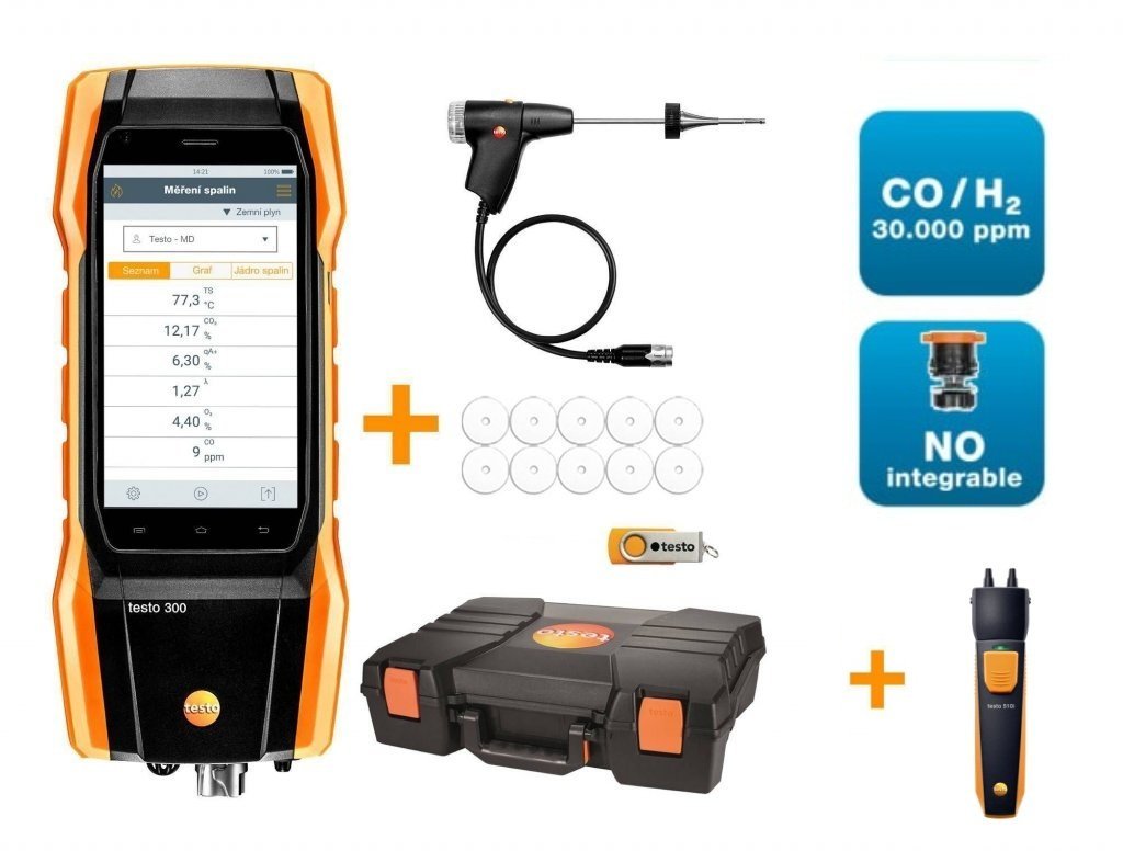 Testo 300 Longlife Pro - Analyzátor spalín sada 2 (O2, COH2 až do 30,000 ppm, možnosť NO)